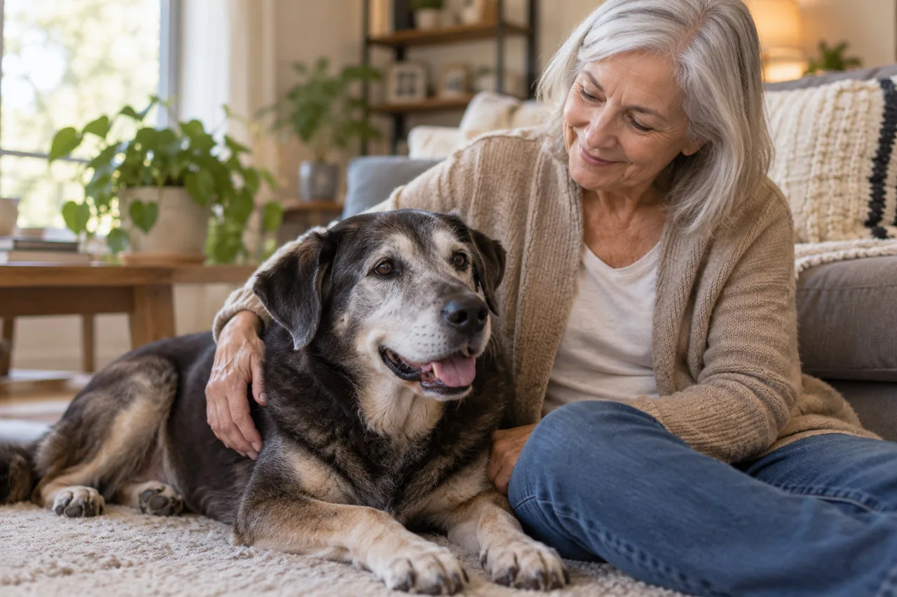 Owner seated beside an older-looking dog